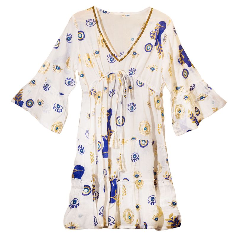 (M-L) Kleid – Weißes, blaues und goldenes Evil-Eye-Design
