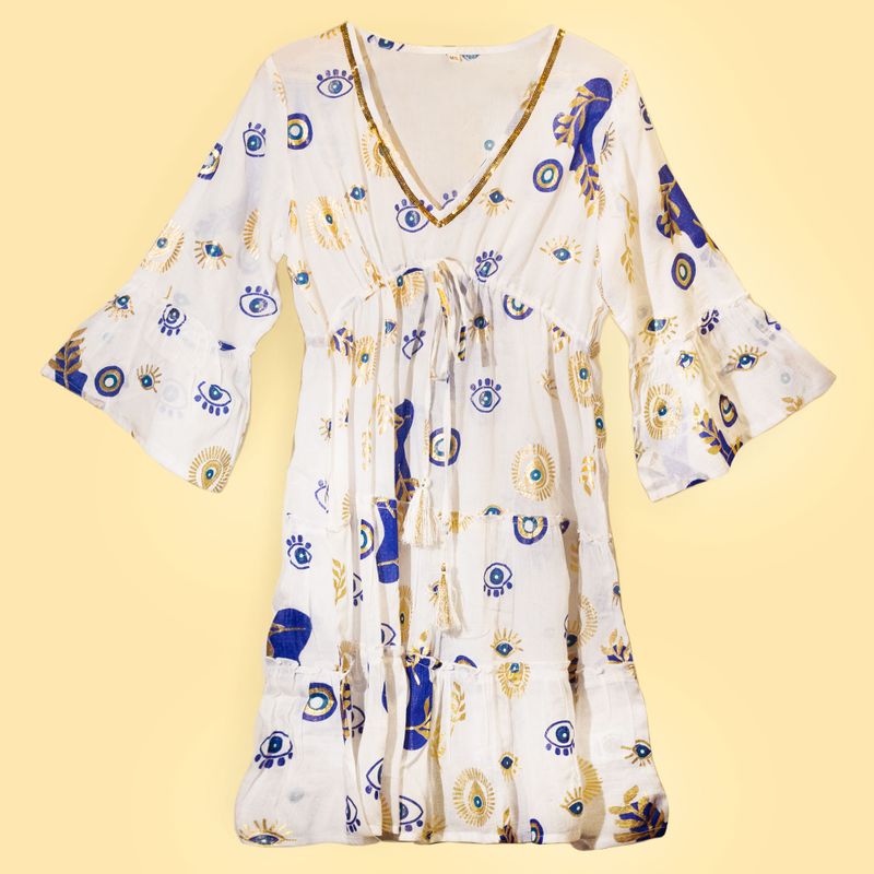 (M-L) Kleid – Weißes, blaues und goldenes Evil-Eye-Design