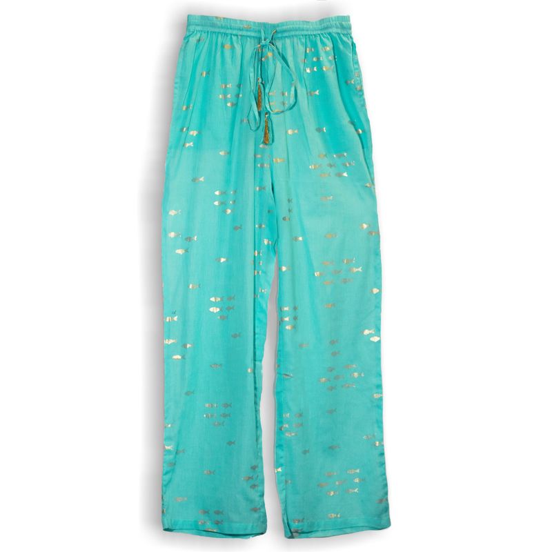 Loungehose – Türkis- und Goldfisch-Design M-L