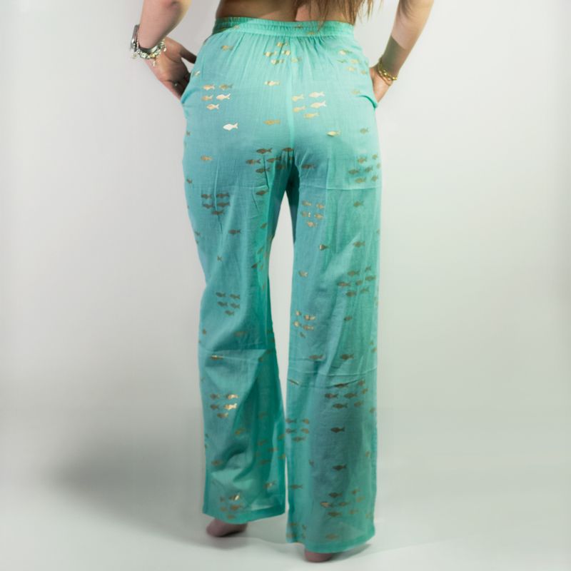 Loungehose – Türkis- und Goldfisch-Design M-L