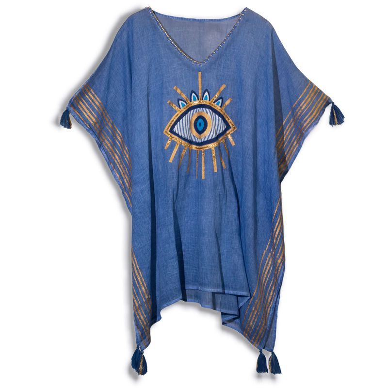 Kaftan – sattes Blau und Gold, handbemaltes Evil-Eye-Design – handbemalt