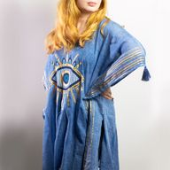 Kaftan – sattes Blau und Gold, handbemaltes Evil-Eye-Design – handbemalt