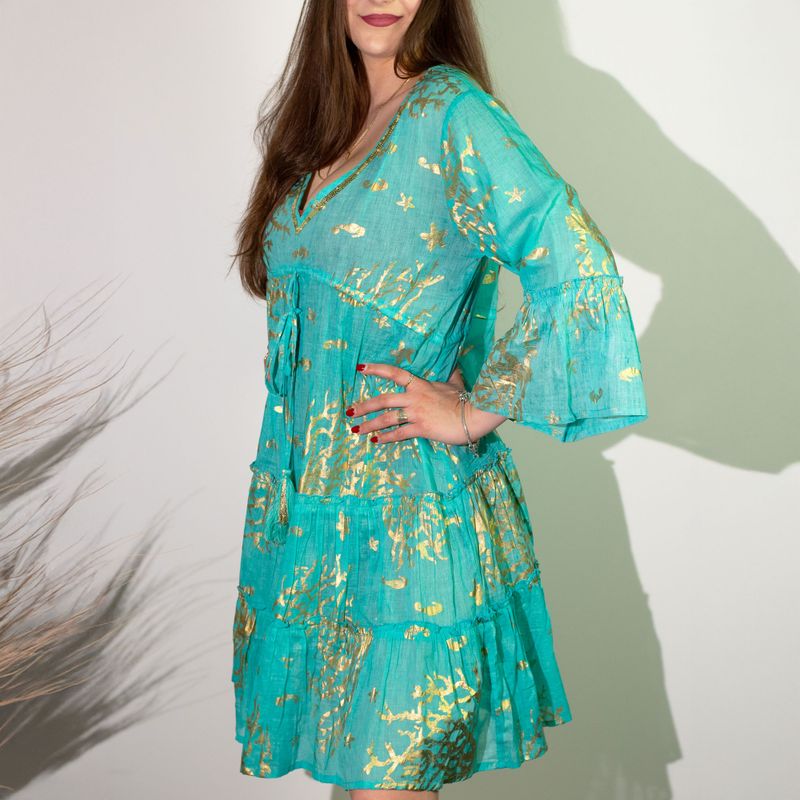 (M-L) Kleid – Türkis & Gold Korallen Design