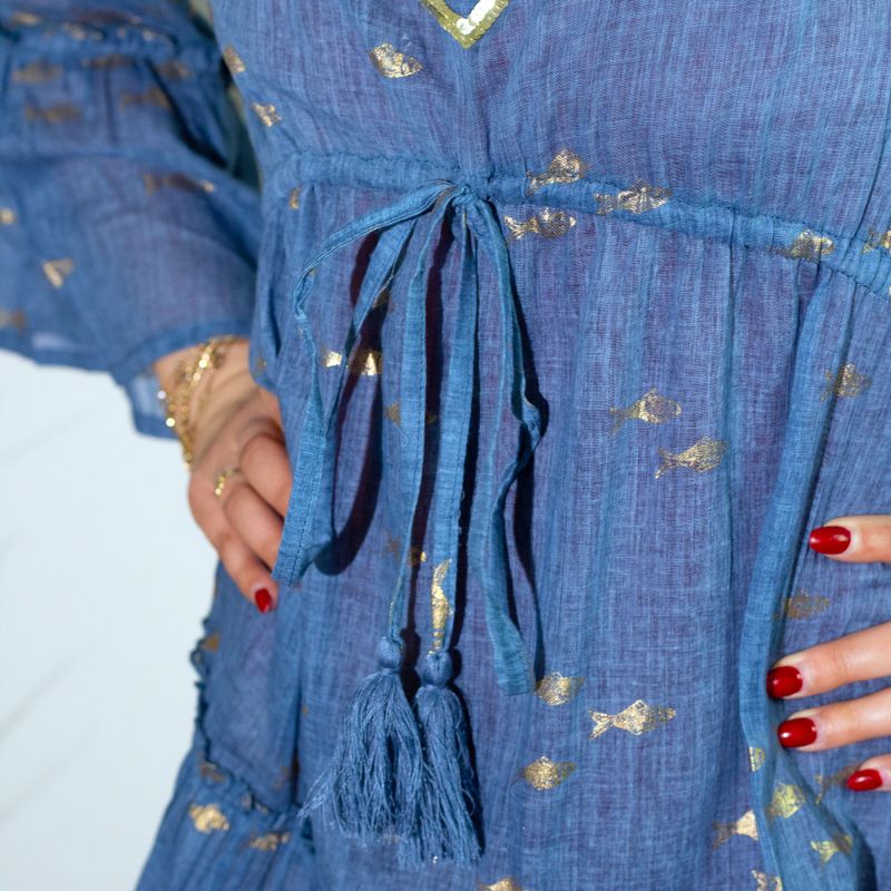 (M-L) Kleid – Seeblau & Goldfisch-Design