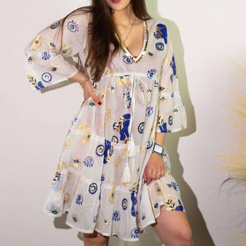 (M-L) Kleid – Weißes, blaues und goldenes Evil-Eye-Design