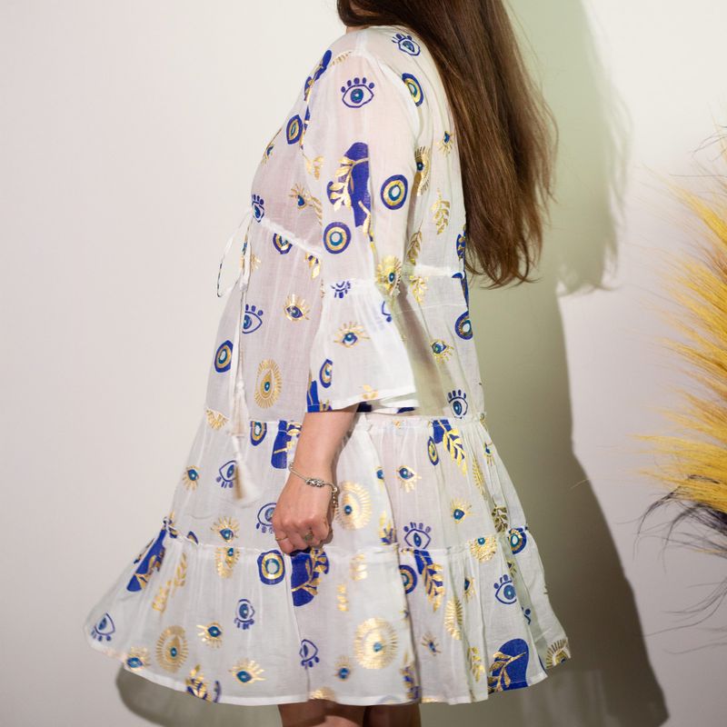 (M-L) Kleid – Weißes, blaues und goldenes Evil-Eye-Design