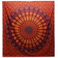 Doppelte Tagesdecke aus Baumwolle + Wandbehang – Pfauen-Mandala – Kastanienbraun