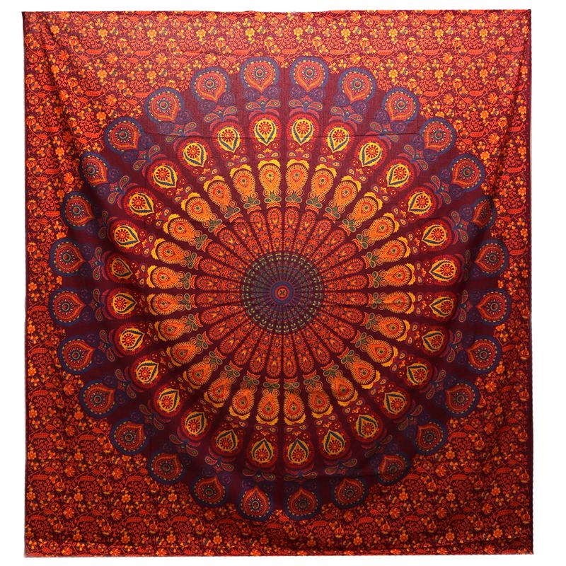 Doppelte Tagesdecke aus Baumwolle + Wandbehang – Pfauen-Mandala – Kastanienbraun