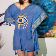 Kaftan – sattes Blau und Gold, handbemaltes Evil-Eye-Design – handbemalt
