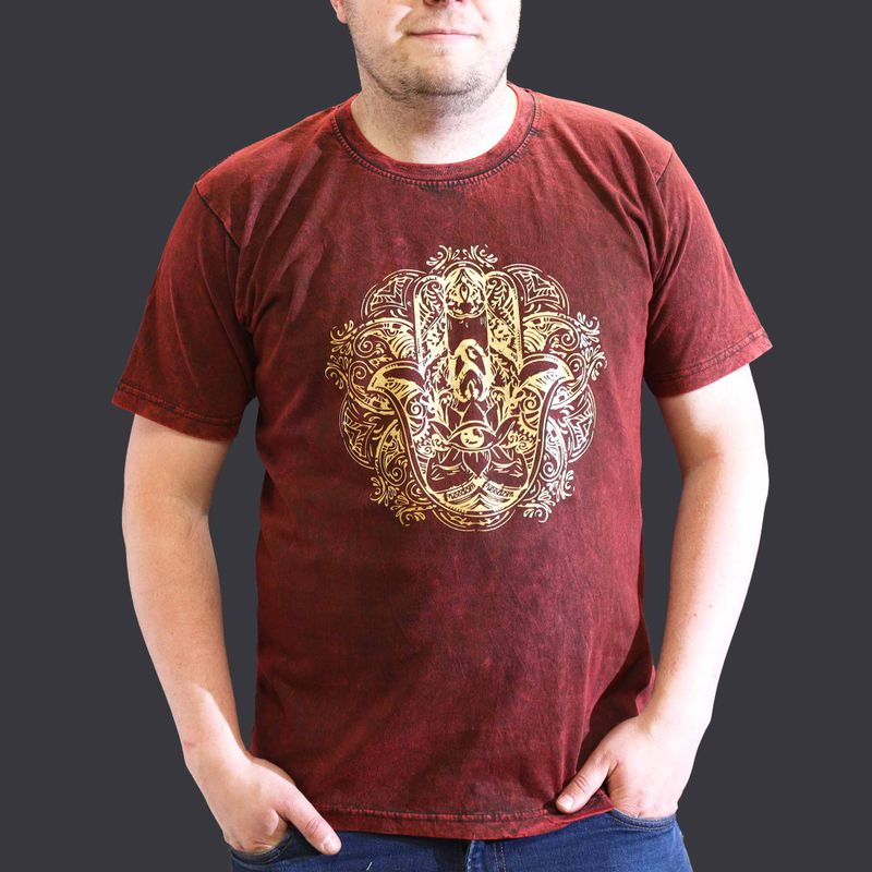Extra großes Stone-Washed T-Shirt - Hamsa - Weinrot