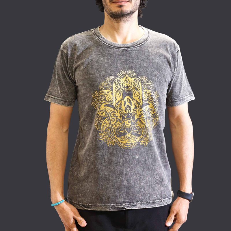 Größe M Stone Washed T-Shirt - Hamsa - Dunkelgrau