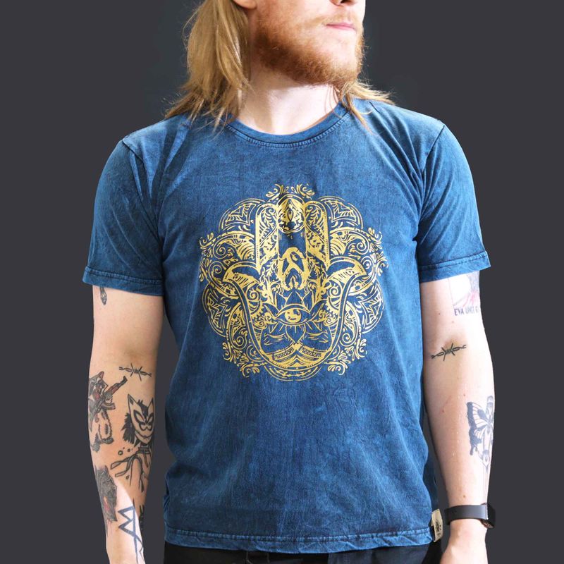 Großes Stonewashed T-Shirt - Hamsa - Blau
