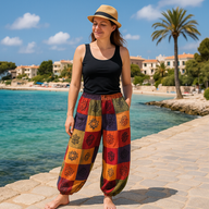 Nomaden-Sari – Pilzhose – Blockdruck-Designs – Orangetöne S/M