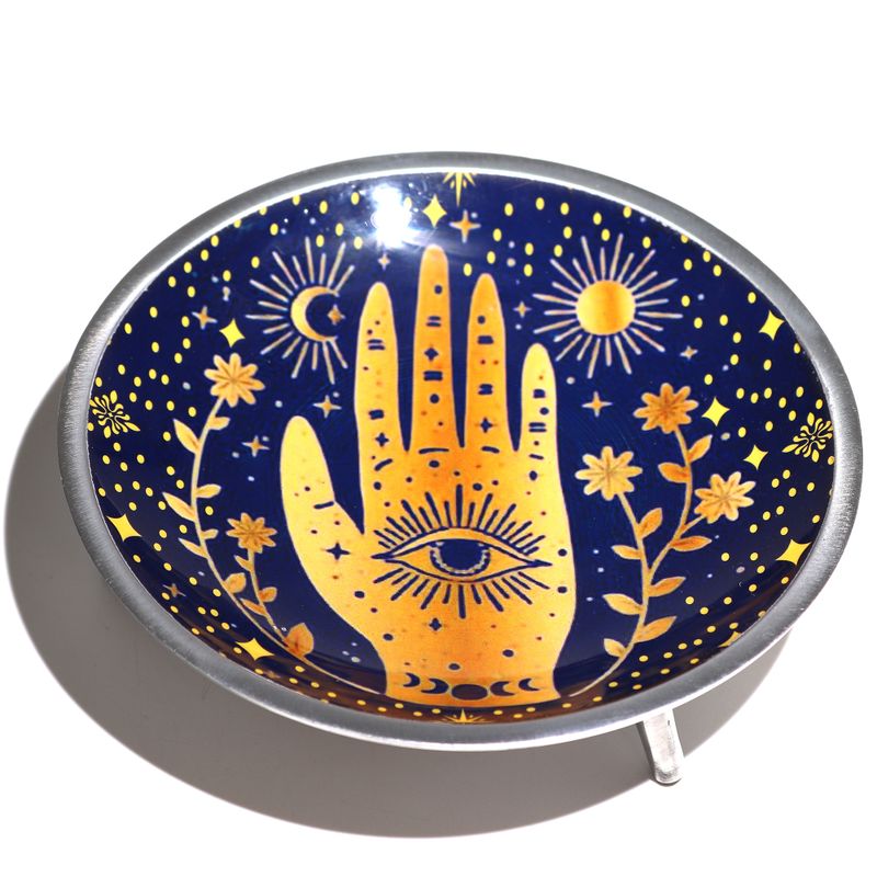 Emaillierter Opferteller mit drei Beinen – Hamsa Mitternachtsblau