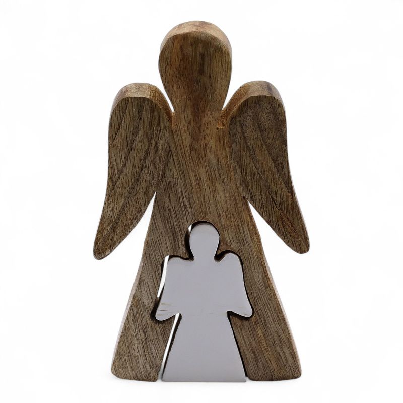 Mangoholz-Engel in Engelform – Weiße Emaille – 15 cm