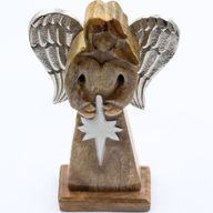 Großer Friedensengel aus Mangoholz, Metallflügel und Emaille-Details – 30 cm