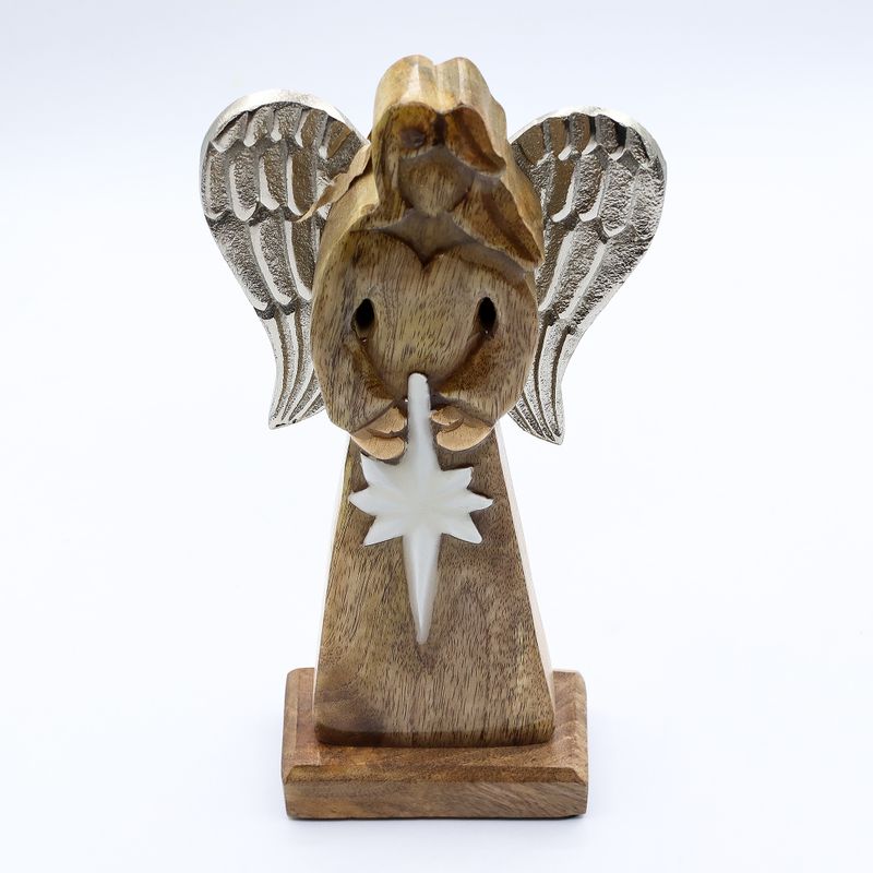 Großer Friedensengel aus Mangoholz, Metallflügel und Emaille-Details – 30 cm