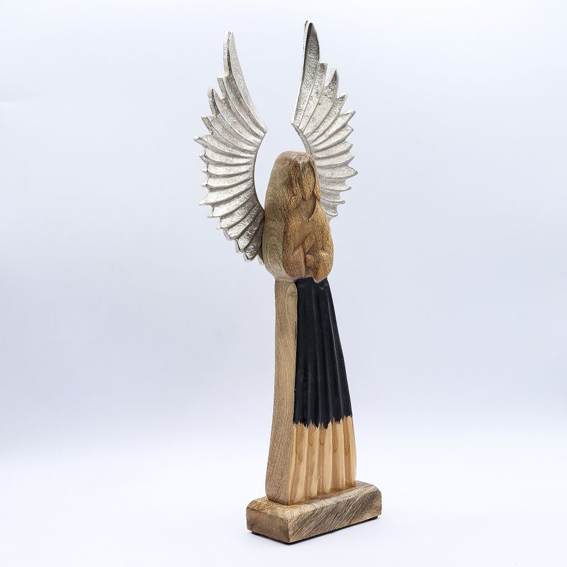 Großer Schutzengel aus Mangoholz, Metallflügel und Emaille-Details – 40 cm