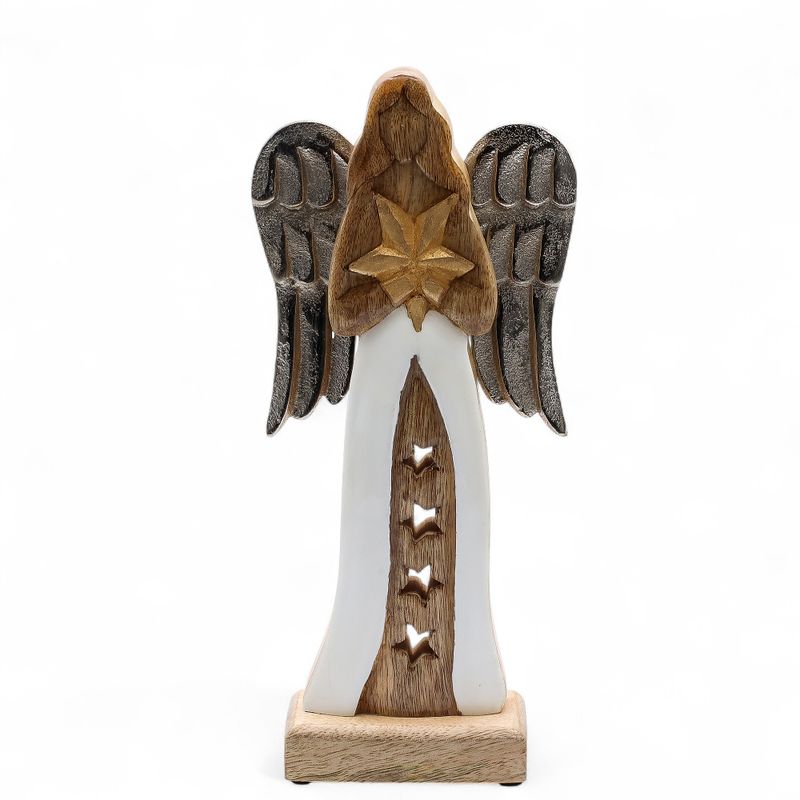 Großer Engelstern aus Mangoholz mit Metallflügeln und Emaille-Details – 30 cm
