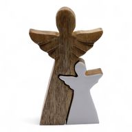 Mangoholz-Engel in Engelform – Weiße Emaille – 15 cm