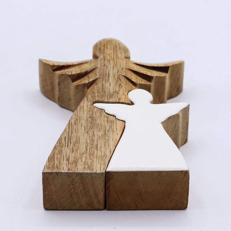 Mangoholz-Engel in Engelform – Weiße Emaille – 15 cm