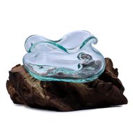 Gewellte Schale aus geschmolzenem Glas auf Holz, 18 cm