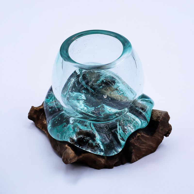 Mini-Goldfischglas aus geschmolzenem Glas auf Holz, 20 cm