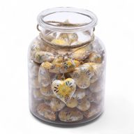 Große Deko-Herzen aus Holz – Gelb mit Blumenmuster (50 Stück) – im Einmachglas