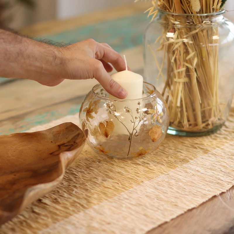 Natürliches florales Glas - Große Schale als Kerzenhalter - Rosa - (12x13cm)