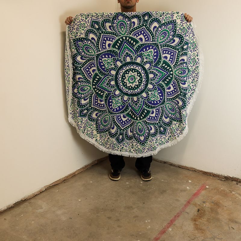 Kleines rundes Mandala-Baumwollbild (130 cm) – Türkis & Blau