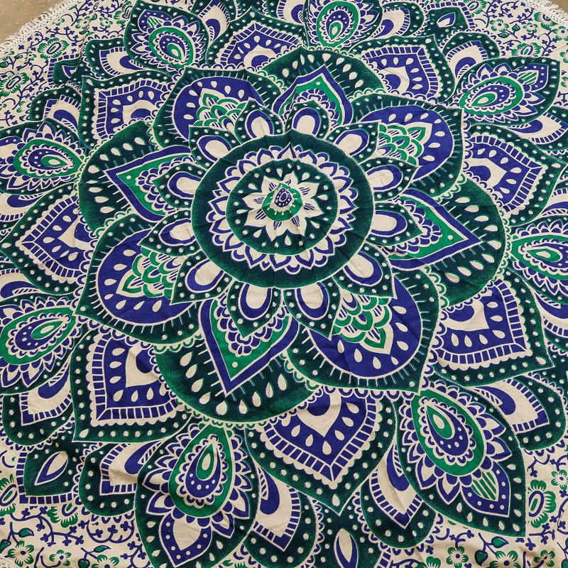 Kleines rundes Mandala-Baumwollbild (130 cm) – Türkis & Blau