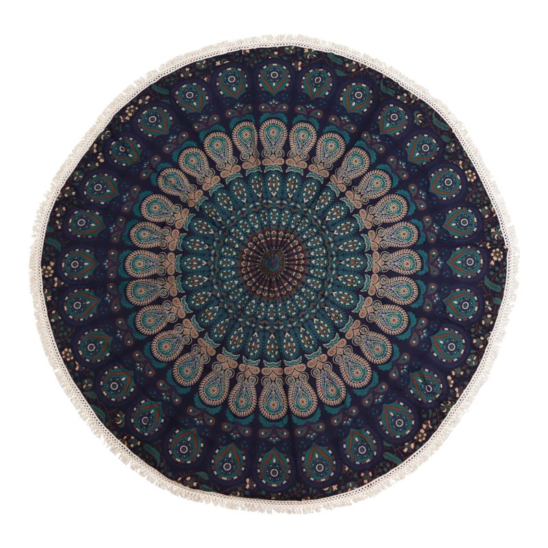 Kleines rundes Mandala-Baumwollbild (130 cm) – Pfauenblau