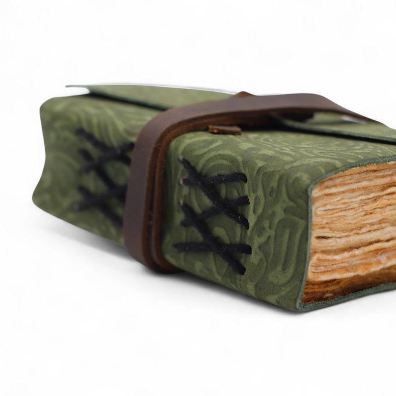 Dicke Notizbücher aus Leder mit Büttenrand (5 x 3,5 Zoll) – Grünes Labyrinthmuster