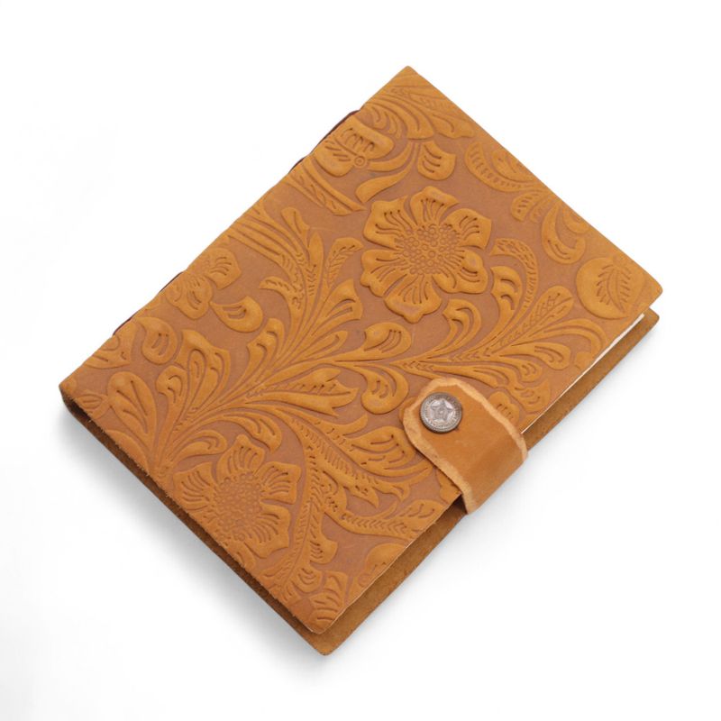 Notizbücher mit Lederprägung (7 x 5 Zoll) – Hellbraunes Blumenmuster – 200 Seiten