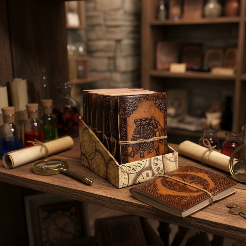 Verschiedene esoterische Ledernotizbücher (6x4,5") - Vitrine
