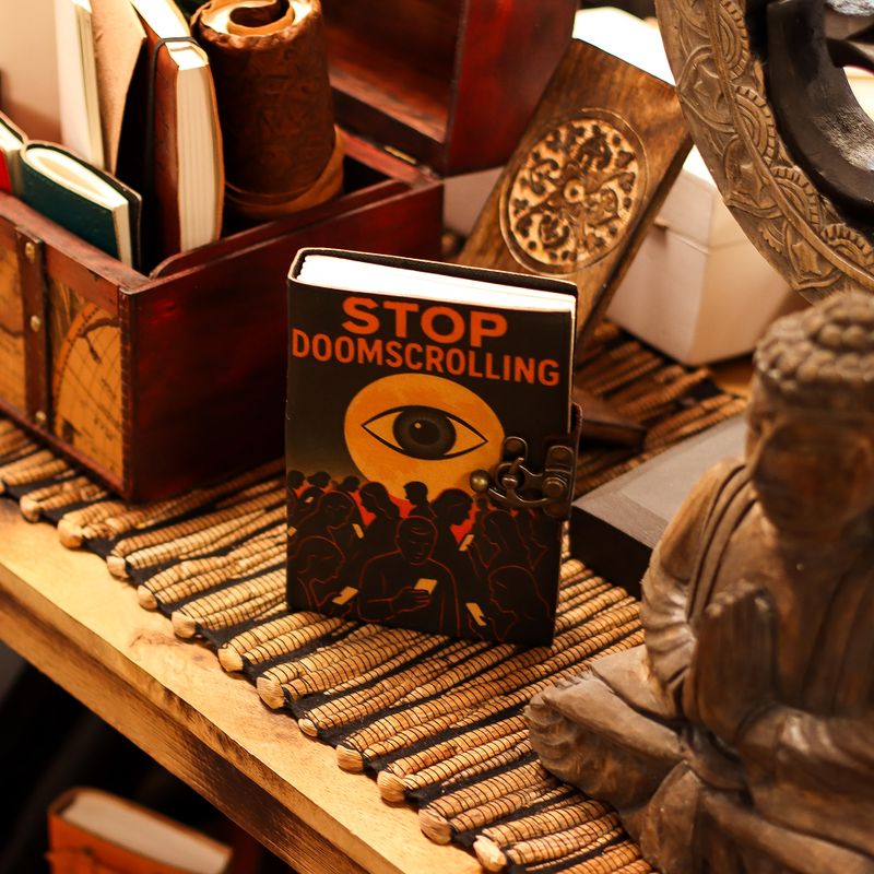Bedruckte Notizbücher aus Leder (7x5 Zoll) – Stop Doom Scrolling – 200 Seiten, Normalpapier