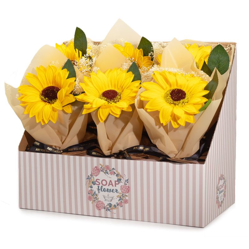 Schachtel mit verkaufsfertigen Seifenblumen – einzelner Sonnenblumenstrauß