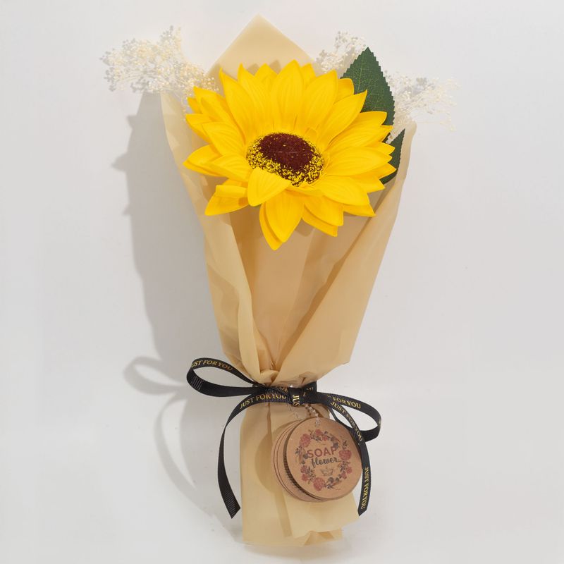 Schachtel mit verkaufsfertigen Seifenblumen – einzelner Sonnenblumenstrauß