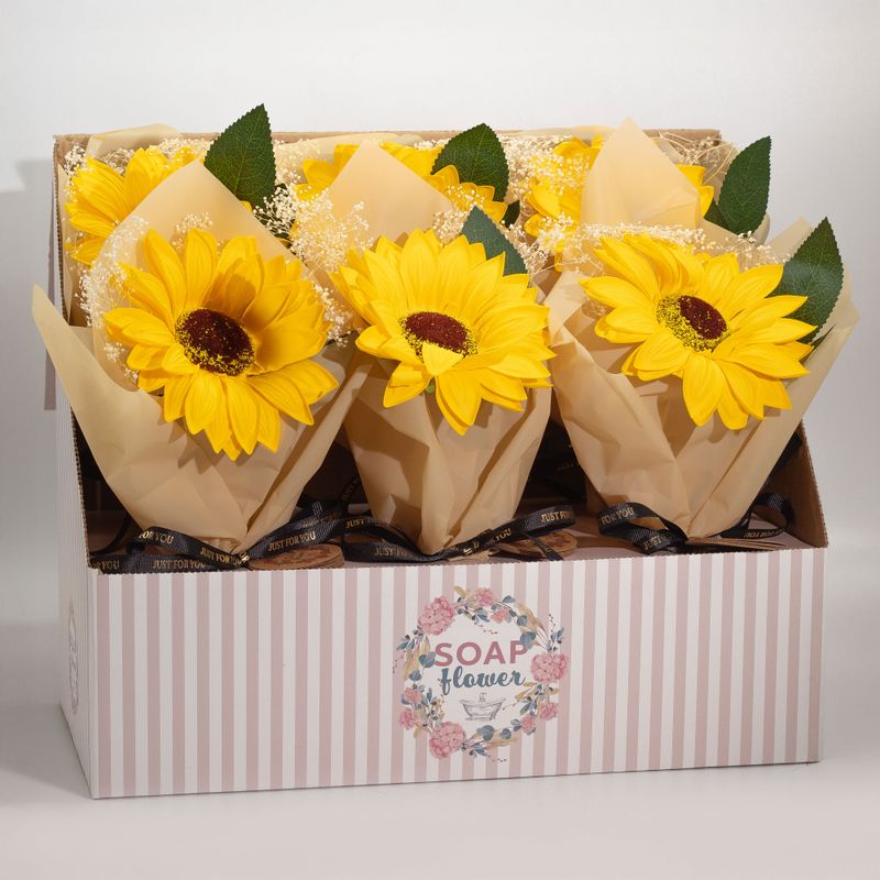 Schachtel mit verkaufsfertigen Seifenblumen – einzelner Sonnenblumenstrauß