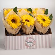 Schachtel mit verkaufsfertigen Seifenblumen – einzelner Sonnenblumenstrauß