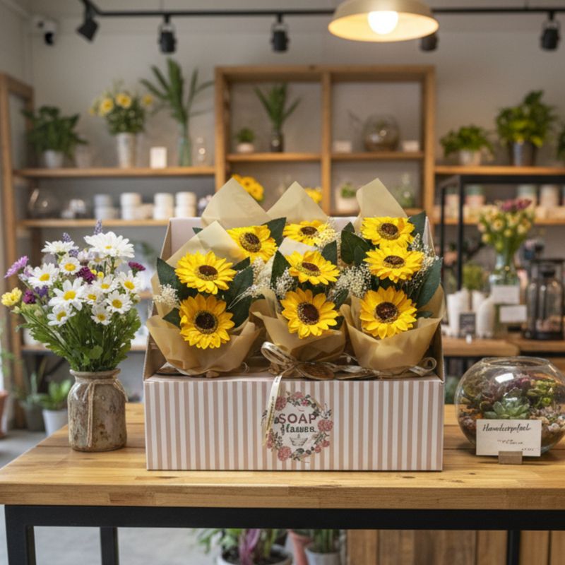 Schachtel mit verkaufsfertigen Seifenblumen – Strauß mit zwei Sonnenblumen