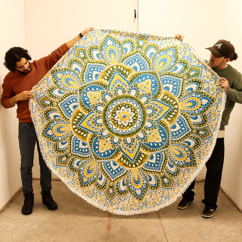 Großes rundes Mandala-Kunstwerk (180 cm) – Gelb & Blau