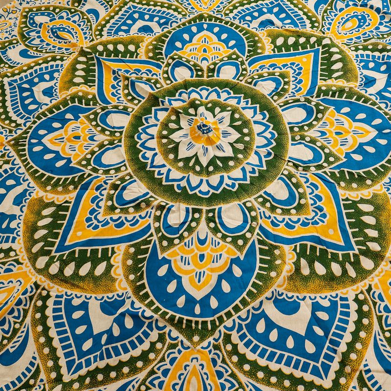 Großes rundes Mandala-Kunstwerk (180 cm) – Gelb & Blau