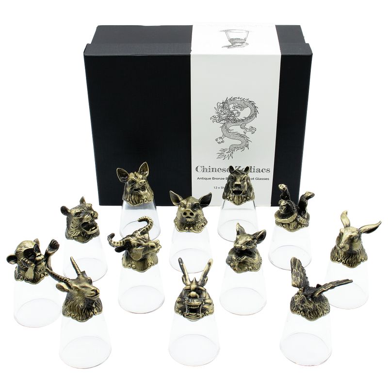 Bottom Up Schnapsgläser (25 ml) – Chinesische Tierkreiszeichen – Antikbronze
