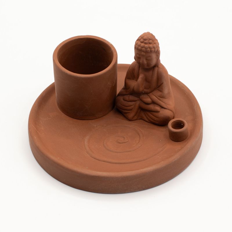Mehrzweck-Räucherteller mit Buddha-Motiv – Naturfarbener Terrakotta-Stil