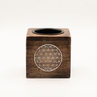 Quadratischer Ölbrenner aus Mangoholz – Blume des Lebens