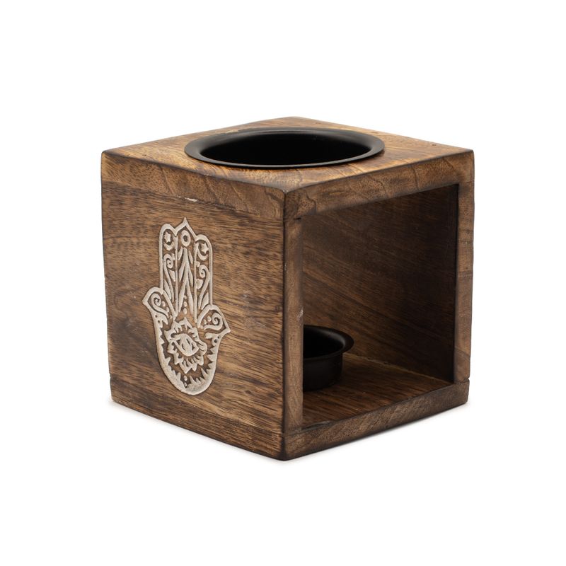 Quadratischer Ölbrenner aus Mangoholz - Hamsa
