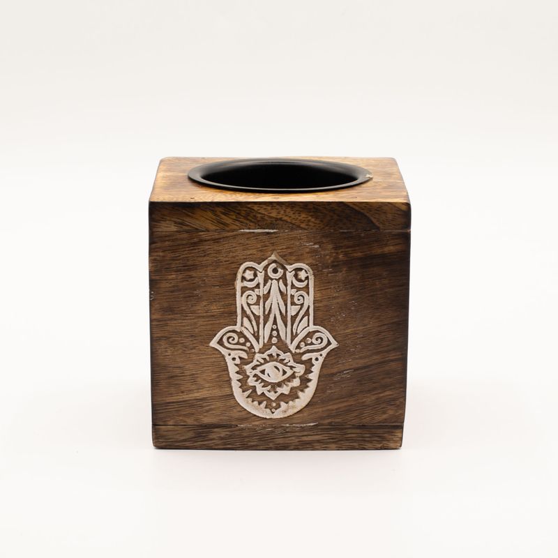 Quadratischer Ölbrenner aus Mangoholz - Hamsa