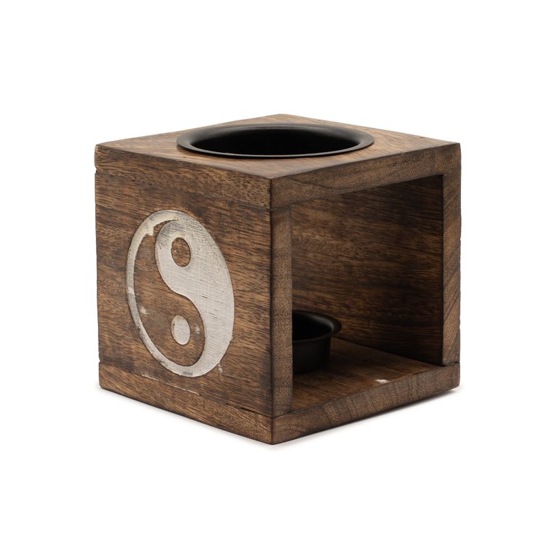 Quadratischer Ölbrenner aus Mangoholz – Yin Yang