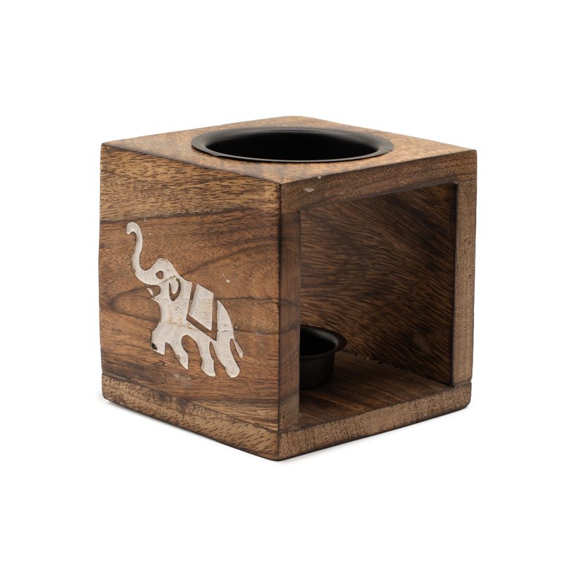 Quadratischer Ölbrenner aus Mangoholz – Elefant